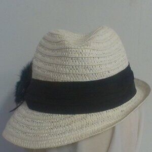 Adrienne Landau Woven Paper Straw Fedora with Triple Pleated Feather Band Trilby